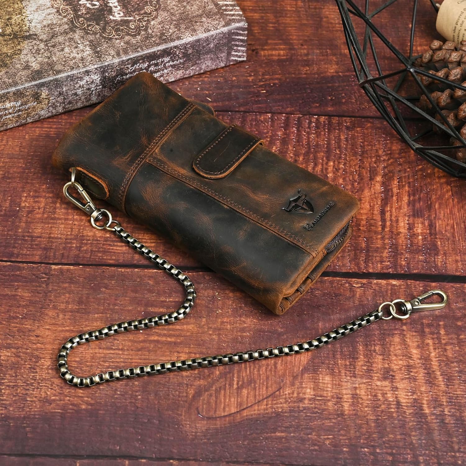 Genuine Crazy Horse Leather Travel Gift Coin Pocket Card Case Long Organizer Chain Rfid Wallet Purse With Snap For Men Male 1803 1815 (1803B-Brown) - Image 4
