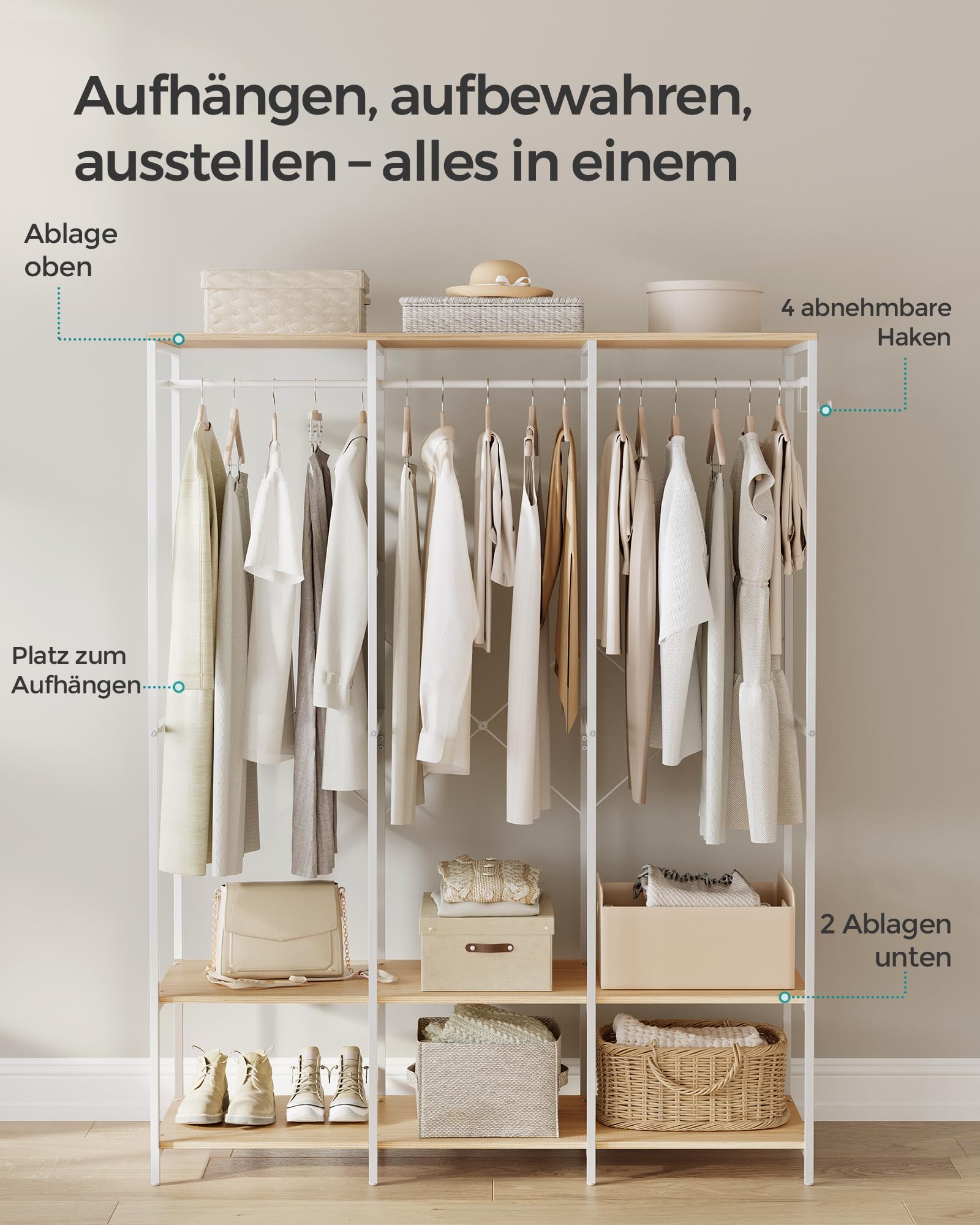 SONGMICS Kleiderschrank offen, Kleiderständer, Garderobenständer, Garderobe mit Kleiderstange, Ablagen, abnehmbare Haken, 40 x 141 x 180 cm, naturbeige RGR005W67