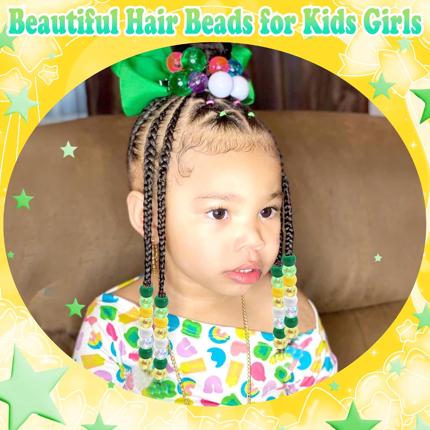 NAISKA 60PCS Green Yellow Hair Beads Soccer Party Beads for Braids Sports Themed Supplies Pony Bead Summer Colors Dreadlock Jewelry Rave Hair Accessories for Kids Girls image 3