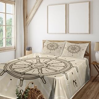 Ambesonne Ships Wheel Sheet Set, Retro Ship Wheel Antique Sailboat Navigation Tool Monochromic Nostalgic Print, Fitted and Flat Sheet with Pillowcases Bedding Accent 4 Piece Set, Calking, Beige Brown