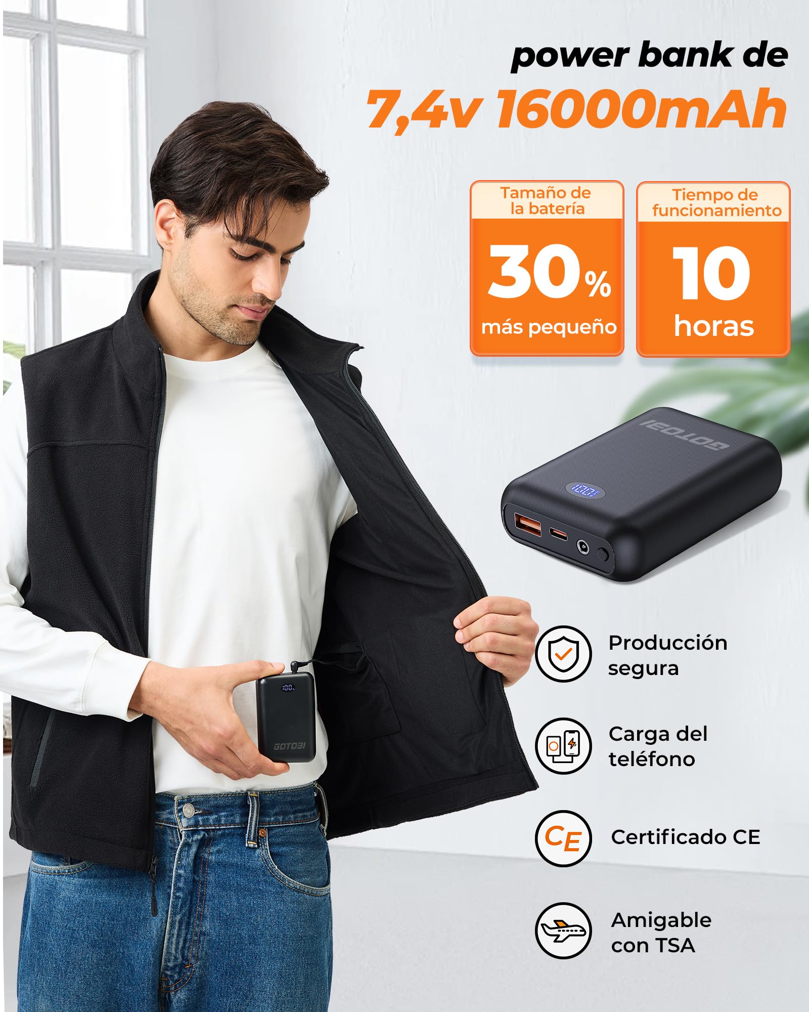 Chaleco Calefactable Hombre Lana con Bateria de 16000mAh 7,4V- Chaleco Calefactor Polar Hombre con 9 Zonas de Calefacción y 3 Temperaturas Ajustables, chaleco termico electrico para al Aire | 16000mAh 7.4V Batería, chaleco térmico para hombre para viajes