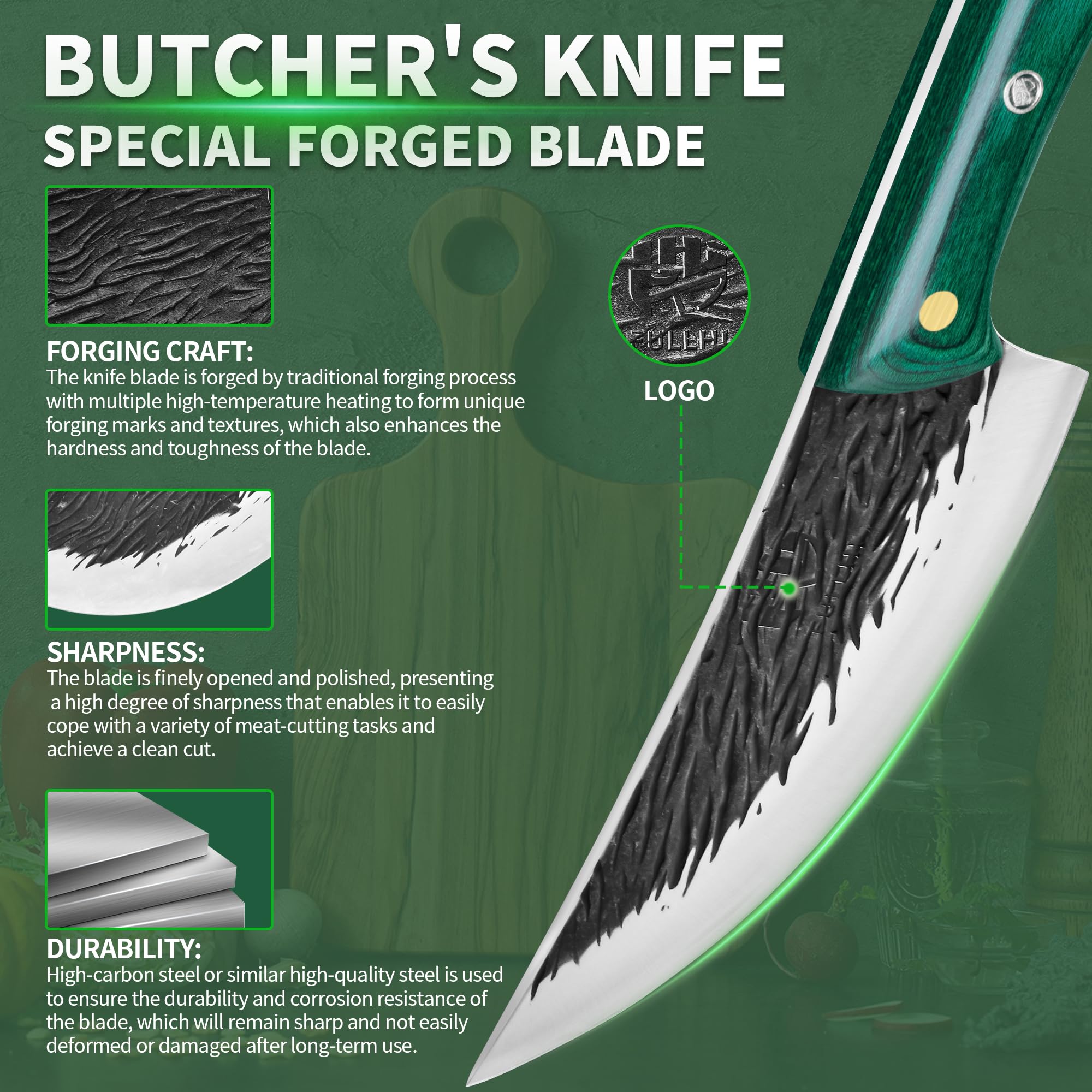 FULLHI Cuchillo de Carne con Mango de Madera y Funda, Cuchillo de Cocina de Acero al Carbono para Cortar Carne, Cocina al Aire Libre, Camping Barbacoa (Verde, 17cm)
