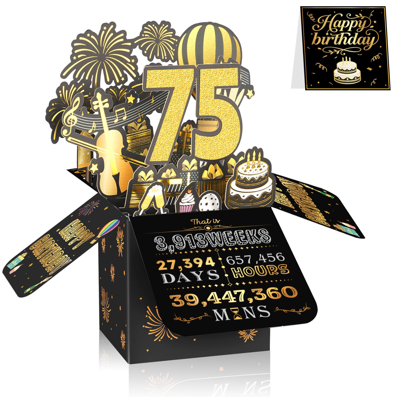 75th Birthday Card for Men & Women, 3D Pop Up Birthday Greeting Card, Black & Gold 75 years old Birthday Decorations & Gifts for Him or Her, Ideal for Father, Mother, Sister, and Special Cousin