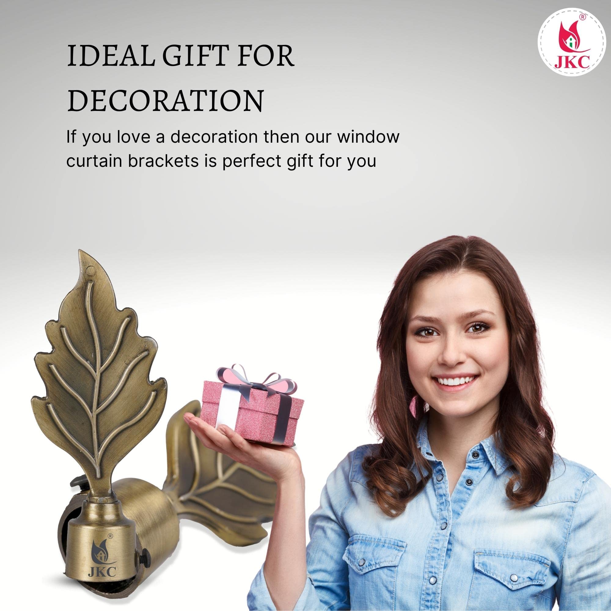 JKC Antique Look Zinc Alloy Leaf Curtain Brackets and Holders - Curtain Bracket Set with Curtain Knobs and Rod End Cap, Ideal Curtain Knob Solution - Bracket 12 Holder 12 3