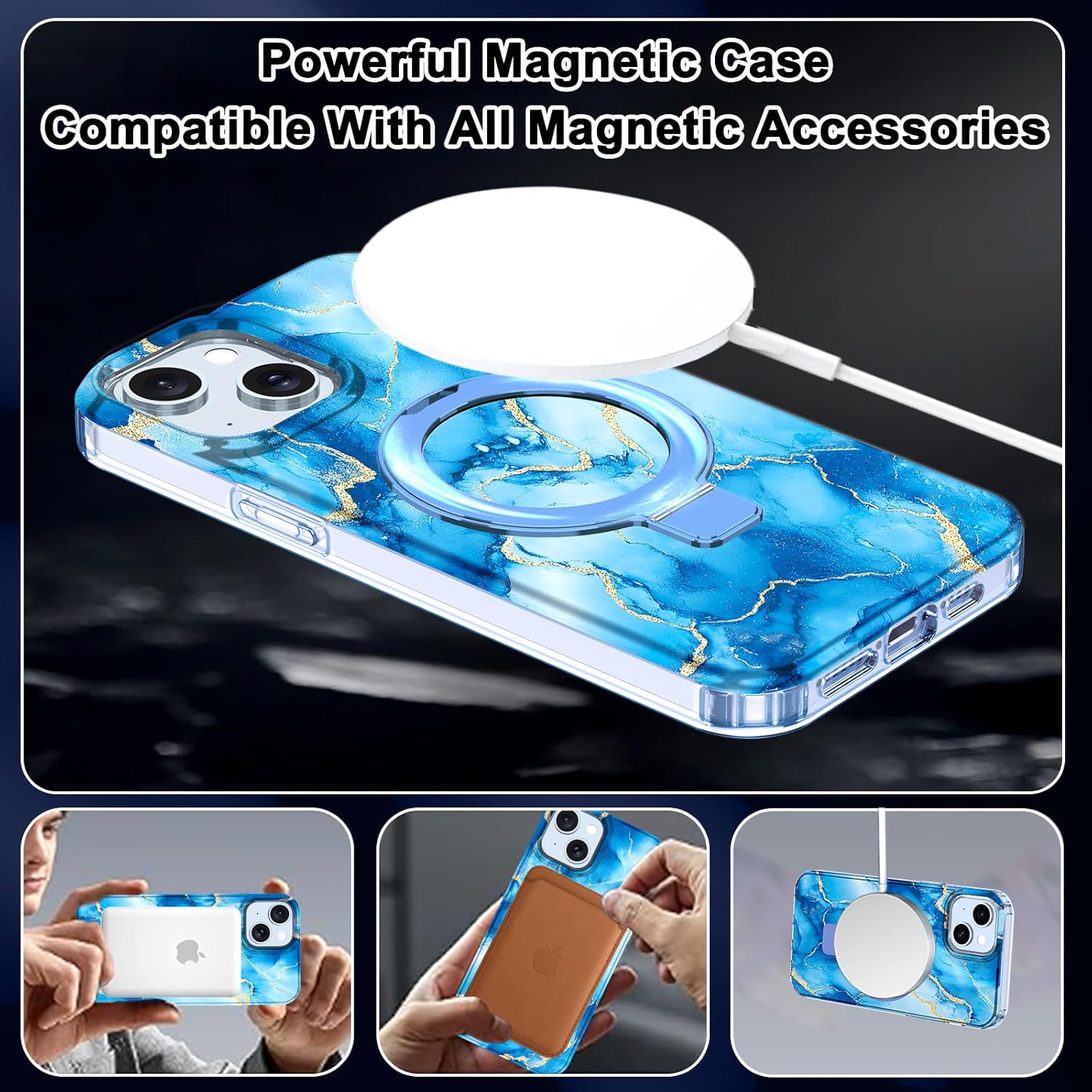 for iPhone 15 Plus Case,[Compatible with MagSafe][Magnetic Invisible Ring Stand],Shockproof Protective Slim Fit for Women Girl for iPhone 15 Plus Case,Blue Marble
