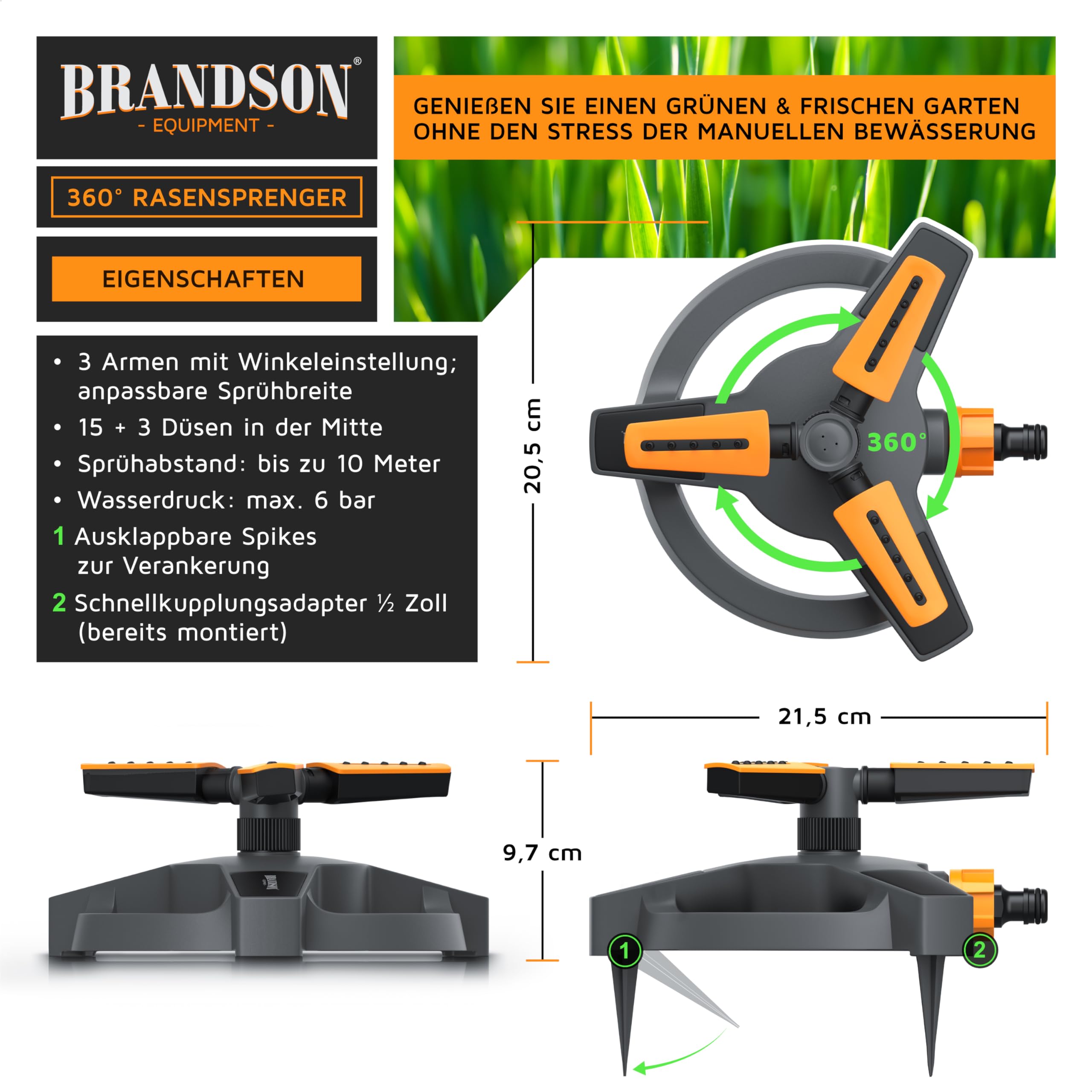 Brandson – Viereckregner 360 Grad für große Flächen - Rasensprenger 3/4 Zoll - 18 Düsen - unterschiedliche Abstrahlwinkel - rotierender Wassersprinkler – DREI Arme – für Garten Pflanzen Beete