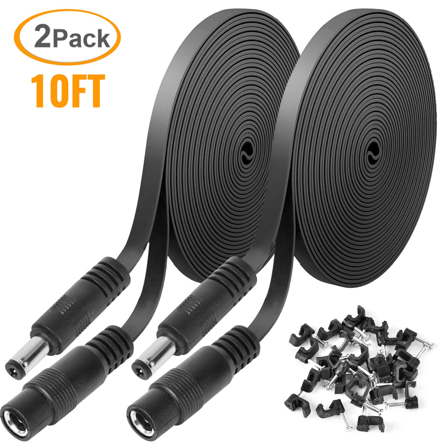 2 Pack 10ft/3m DC Power Extension Cable 2.1mm x 5.5mm Compatible with 12V DC Adapter Cord for CCTV IP Camera, LED, Car, Black