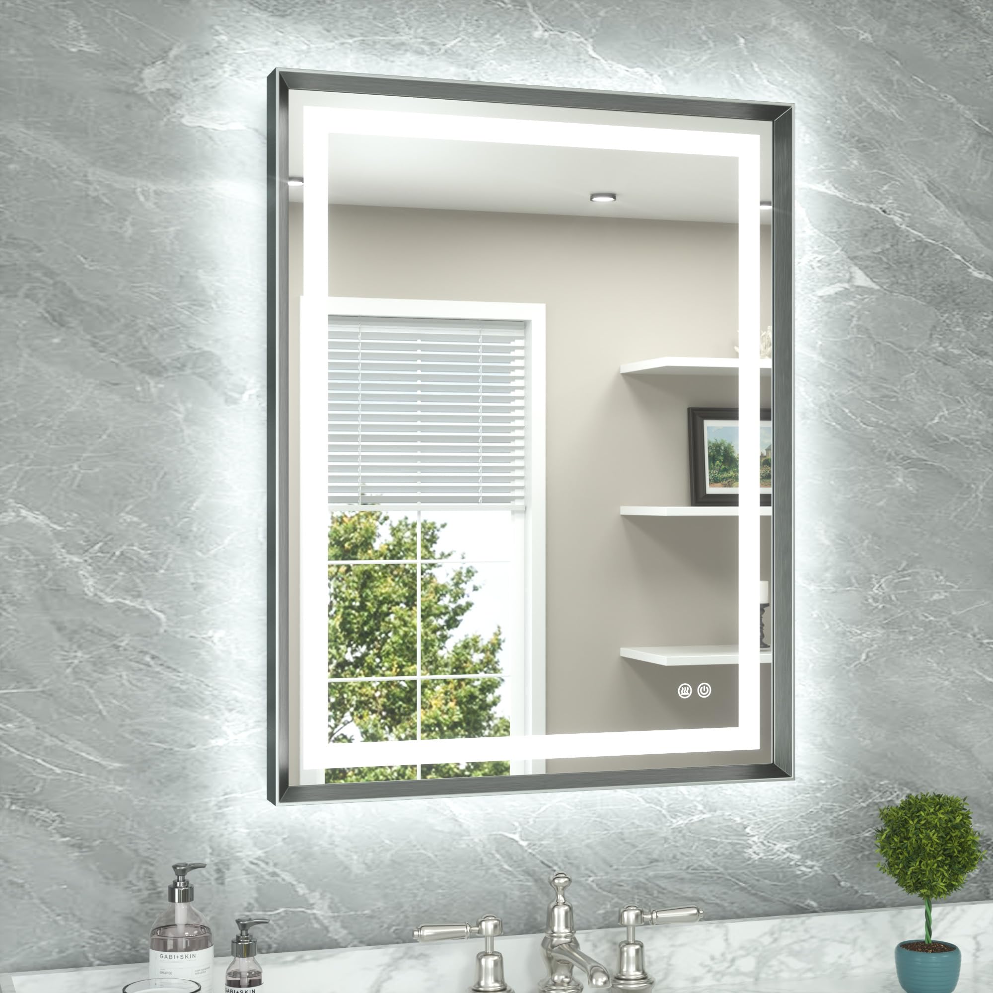 TETOTE 28 x 36 Bathroom LED Mirror Brushed Gunmetal Gray/Off‑Black Frame Frontlit &amp; Backlit Vanity Mirror Anti-Fog Stepless Dimmable 3 Colors White/Warm/Natural Wall-Mounted