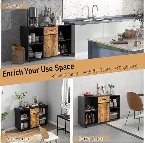 Miniatura 9 de Giantex Aparador de bufé grande con almacenamiento isla estacionaria con organizador de 4 cubos 1 cajón armario de 1 puerta armario de cocina para