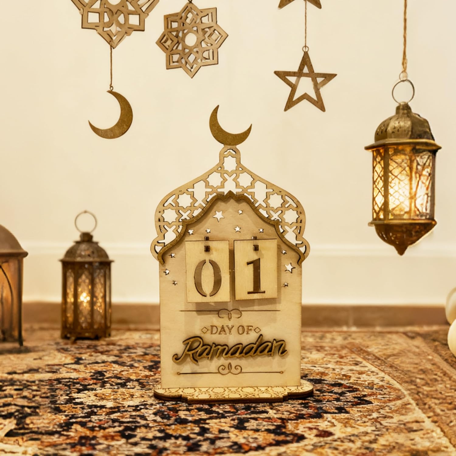 Ramadan Countdown Calendar Wooden, Eid Decoration for Home, Ramadan Day Counter for Mubarak Desk Decor, Office Tabletop Centerpiece, Islamic Tabletop Mosque Design Display with Crescent Moon - Image 4