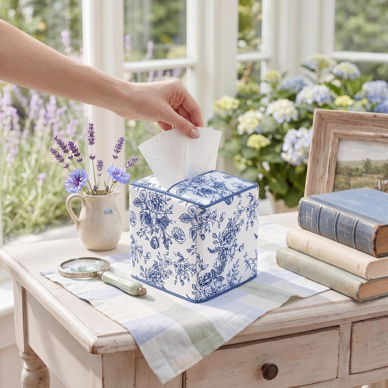 Blue Fabric Tissue Box Cover Floral Print Millennial Home Decor