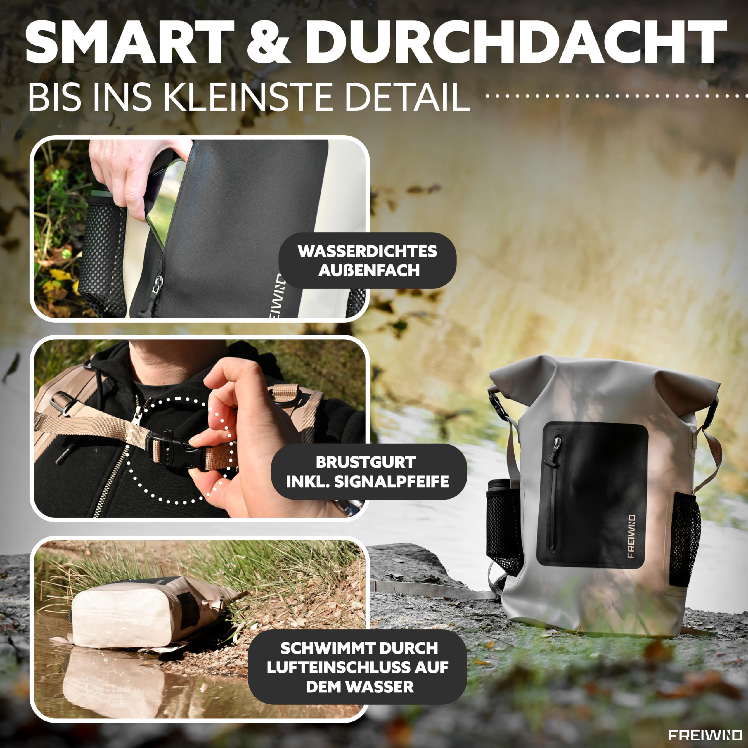 wasserdichter Rucksack tauchfähig - 100% sicher, 30-35l Volumen inkl. 17" Laptopfach und Rolltop, Rucksack wasserdicht aus hochwertigem 600D TPU mit Frontfach und ergonomischen Trägern