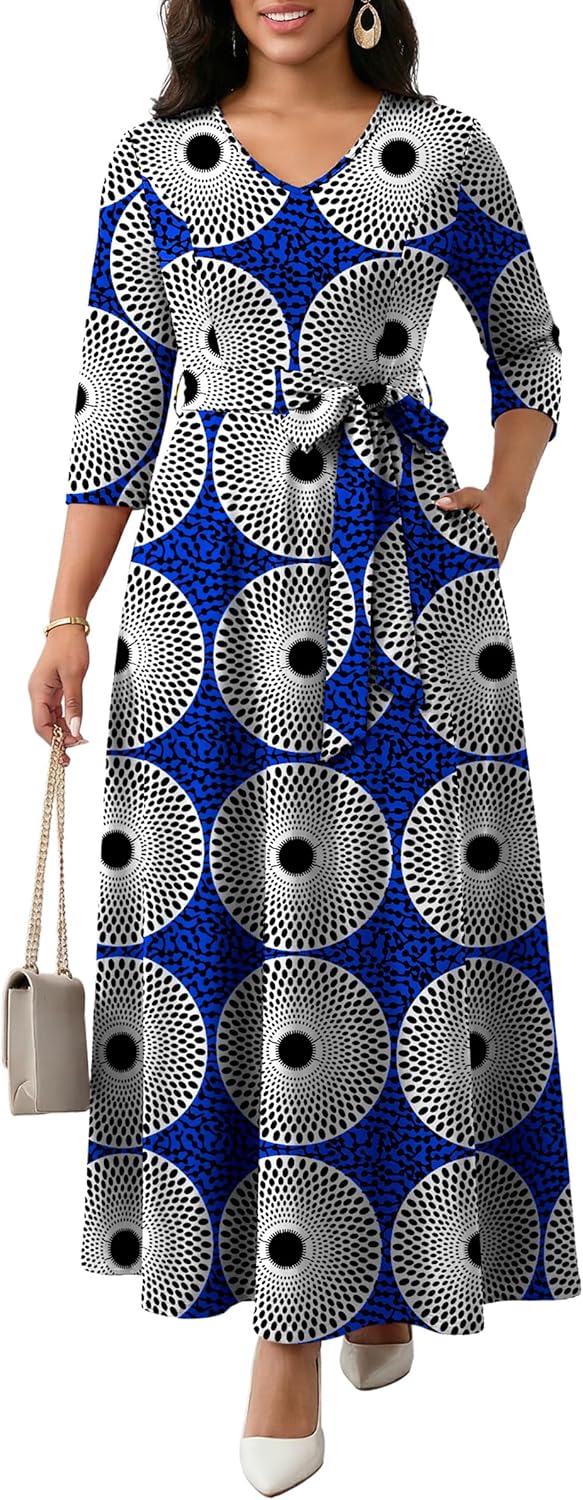 FANDEE Maxi Dress for Women 3/4 Sleeve A line V Neck African Print Church Long Dresses with Pockets