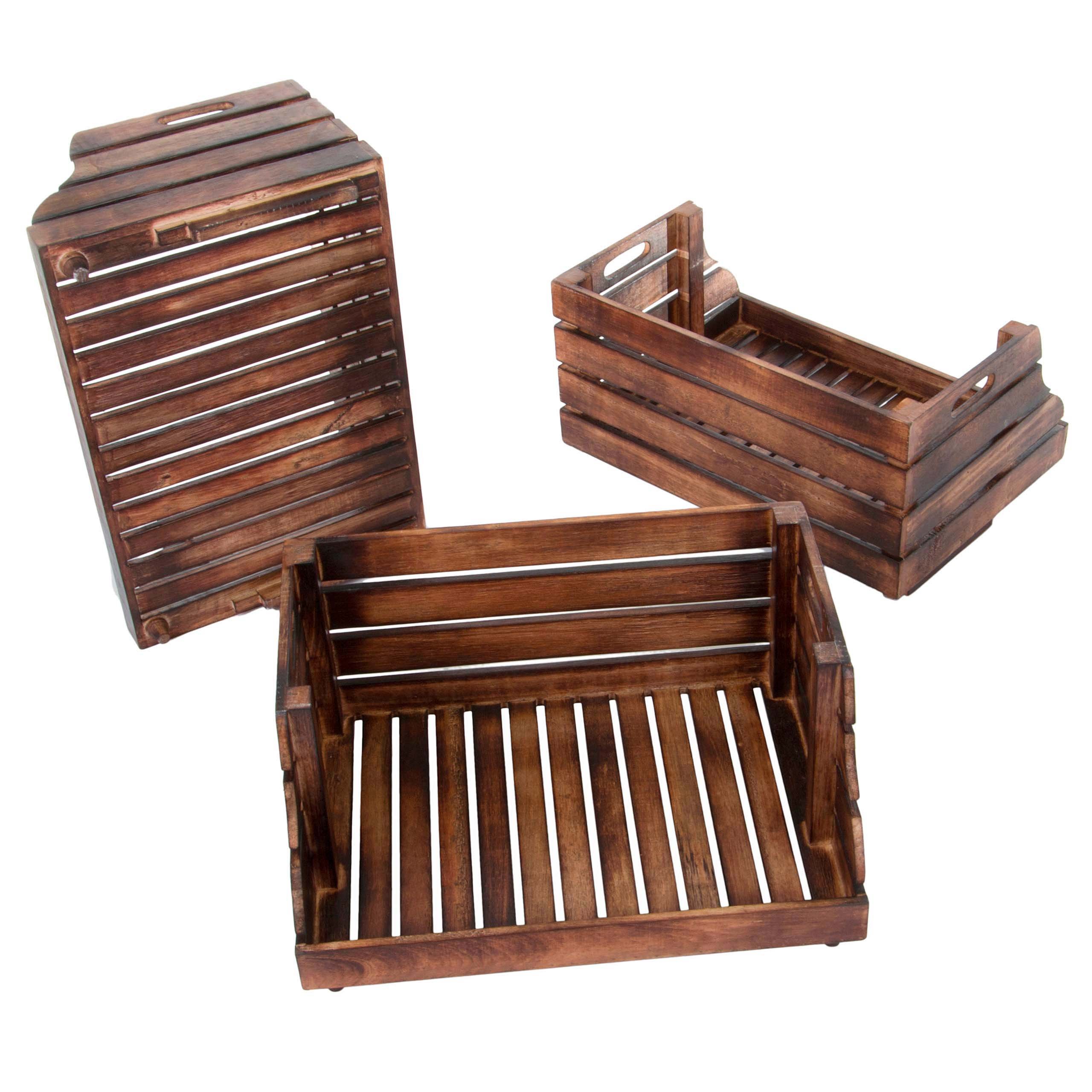 Divero 3er Set Vintage Holzkiste - Größe 49x35x25,5cm - Braun Geflammt | Stapelbox im Obst- und Gemüsekisten-Look - reine Handarbeit