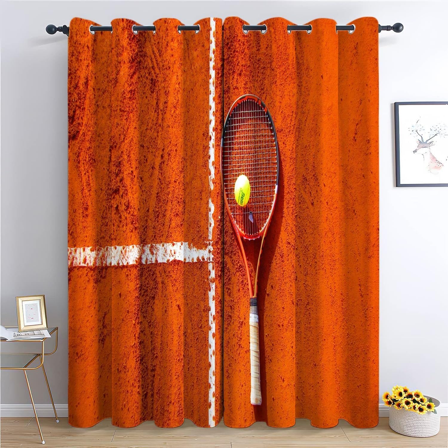 3D Drucken Gardinen Tennis Wohnzimmer Vorhänge, Tennis Vorhang Blickdicht Ösen Wärmeisolierend Gardine, Schlafzimmer Deko Curtain 2 Stücke 91.5 x 214 cm BxH q1774