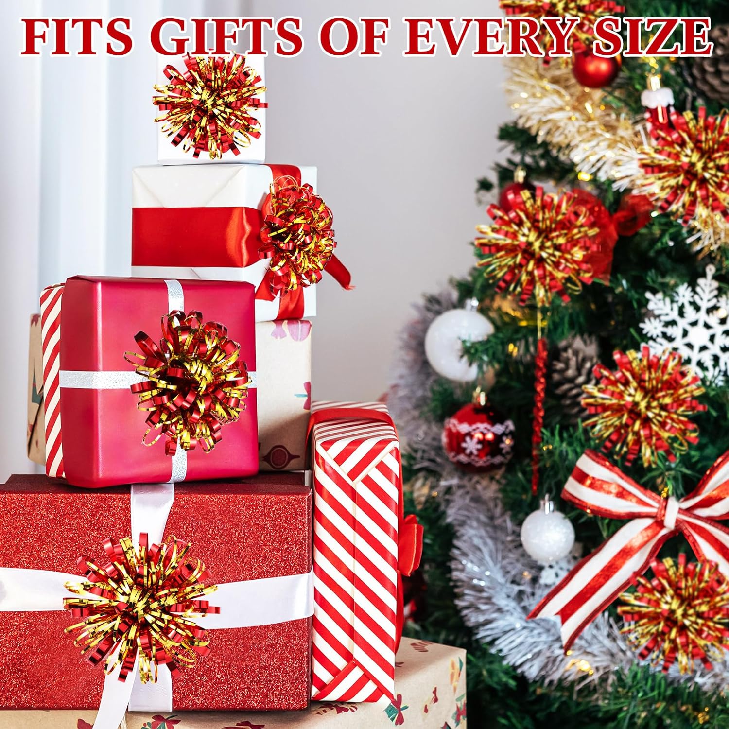 Yunlly 40 Pcs 4'' Christmas Bows Gift Wrapping Self-Adhesive Metallic Assorted Size Christmas Present Bows with Ribbon for Gift Basket, Holiday, Birthday, Anniversary(Red, Gold) - Image 4