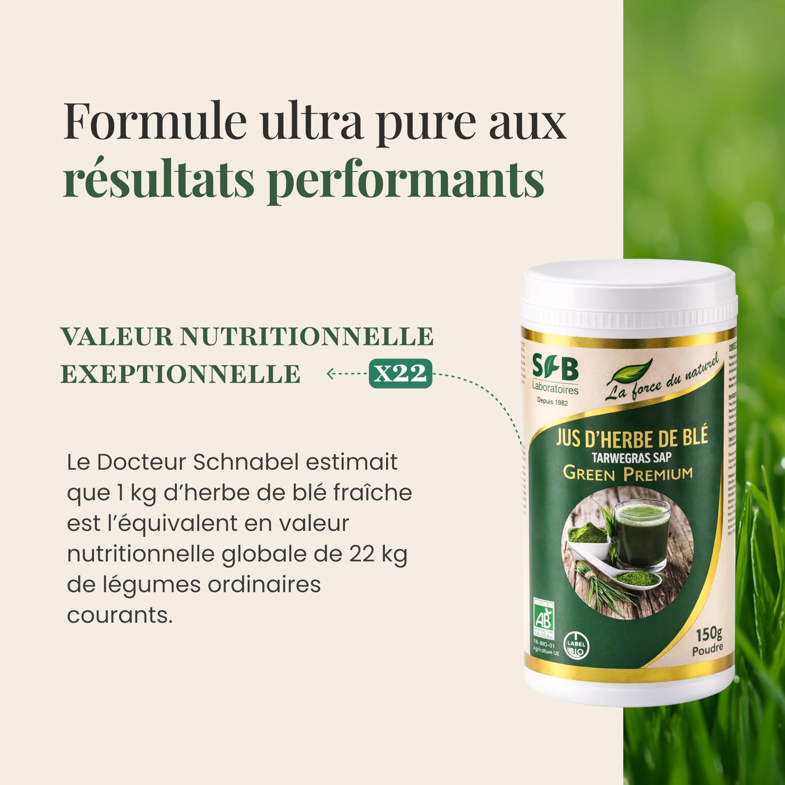 SFB Laboratoires - Jus d'Herbe de Blé Bio 100% Pur en Poudre - Riche en Chlorophylle et Nutriments Essentiels - SuperAliment - Détoxifiant Naturel - Idéal avec Smoothies, Jus, Eau - 150g