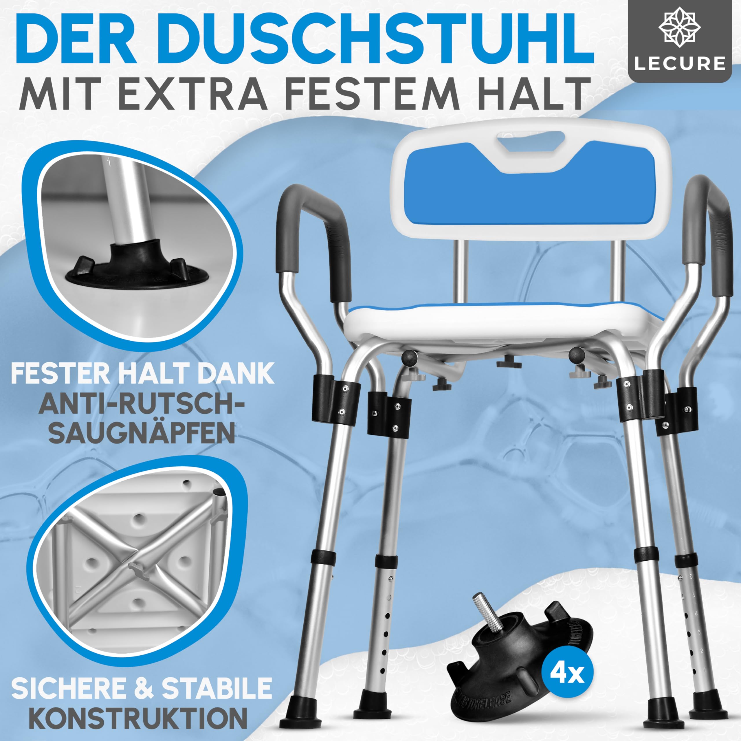 Duschstuhl für Senioren [höhenverstellbar & rutschfest] - gepolsterter Duschhocker mit Anti-Rutsch-Füßen und abnehmbaren Rücken- & Armlehnen [bis 200 kg]