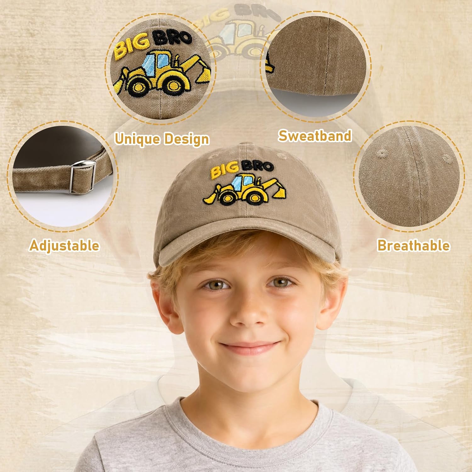 Promoted to Big Brother Gifts for Boy Toddler, Includes 1 Big Brother Baseball Hat Toddler with Excavator Design 1 Pair Baby Boy Tractor Socks Light Khaki