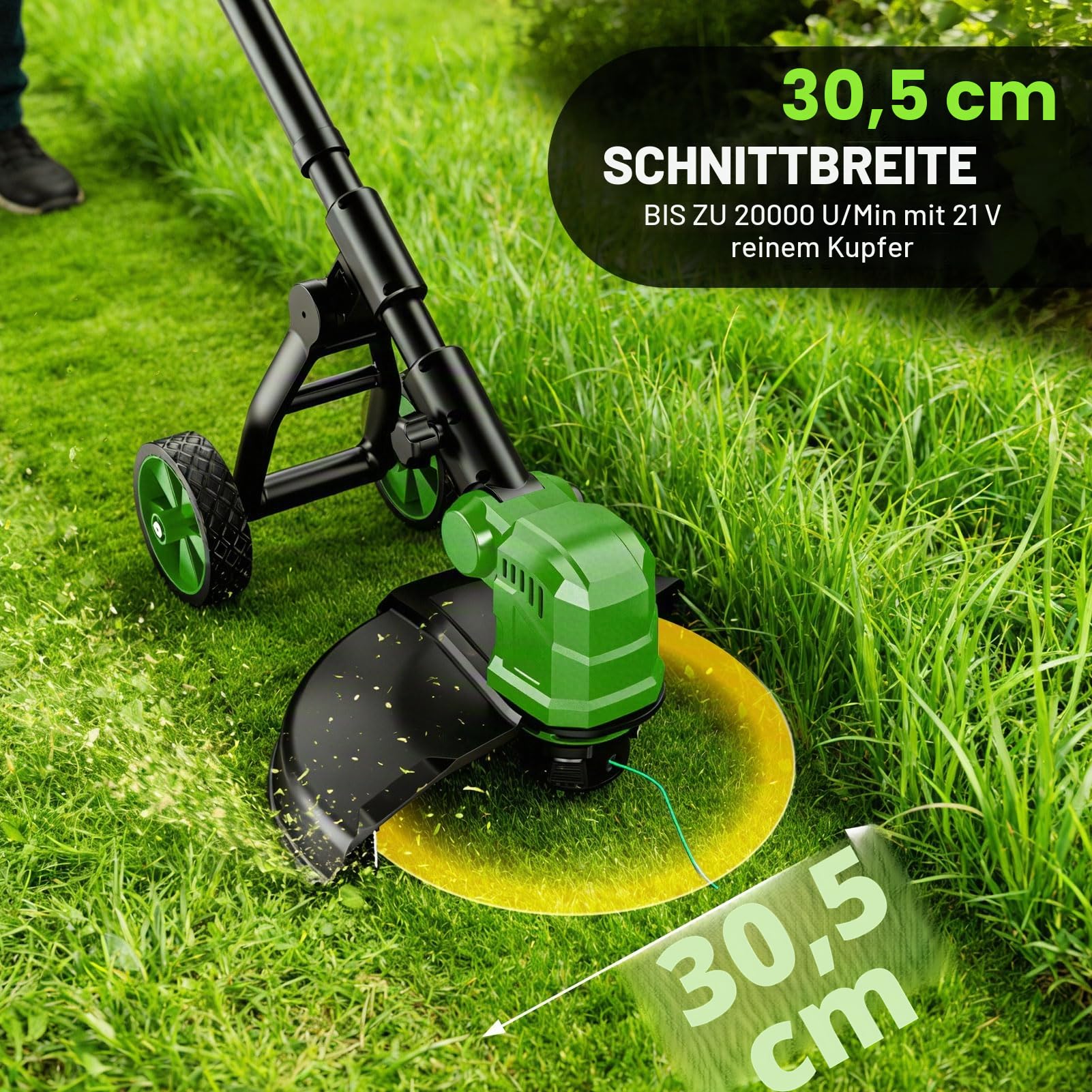 Rasentrimmer mit Rad 14 Zoll,Akku-Rasentrimmer mit 2×3,0 Ah Batterie und Ladegerät,20.000 U/min,4-in-1 Freischneider mit 800W Bürstenloser Motor,8 Ersatzspulen für Garden Trimmen,Höfe