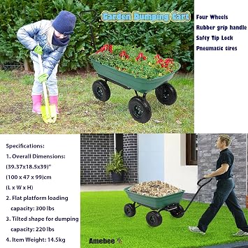 Garden Dumping Cart Utility Transport Platform Patio Moving Wagon Strong Metal Iron Frame Wheelbarrows Carrier Four Wheel Folding Cart by Amebee Strong Upto 300lb Loading Steel Frame