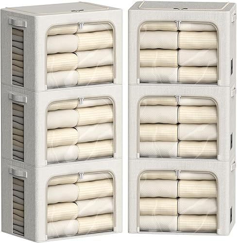 Paquete de 6 contenedores de almacenamiento de ropa con marco de metal, plegables para ropa, caja de almacenamiento de tela de lino con ventana