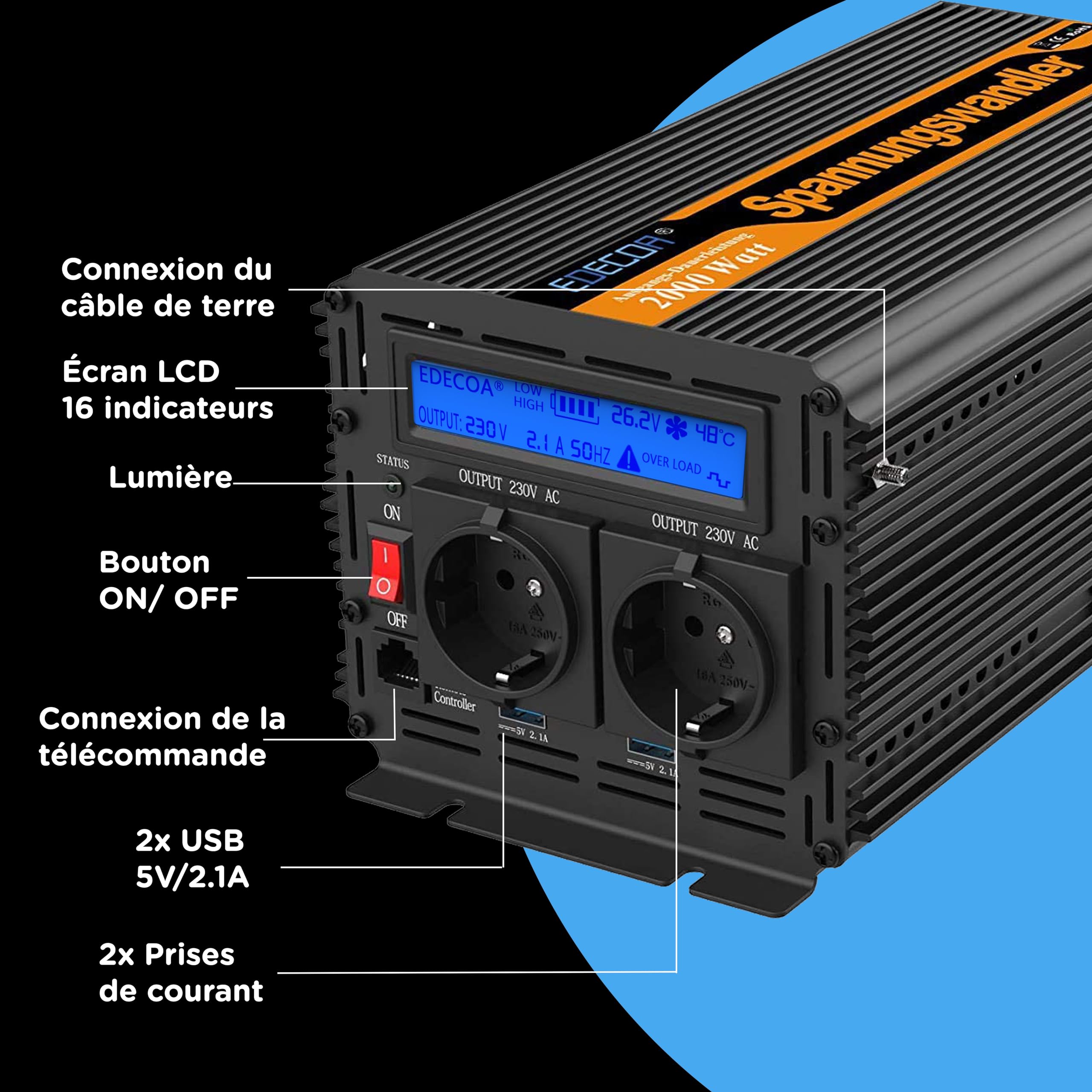 EDECOA Inverter 2000w convertisseur de tension 24v 230v onduleur sinusoïdal modifié 24v 220v LCD avec télécommande et deux ports USB
