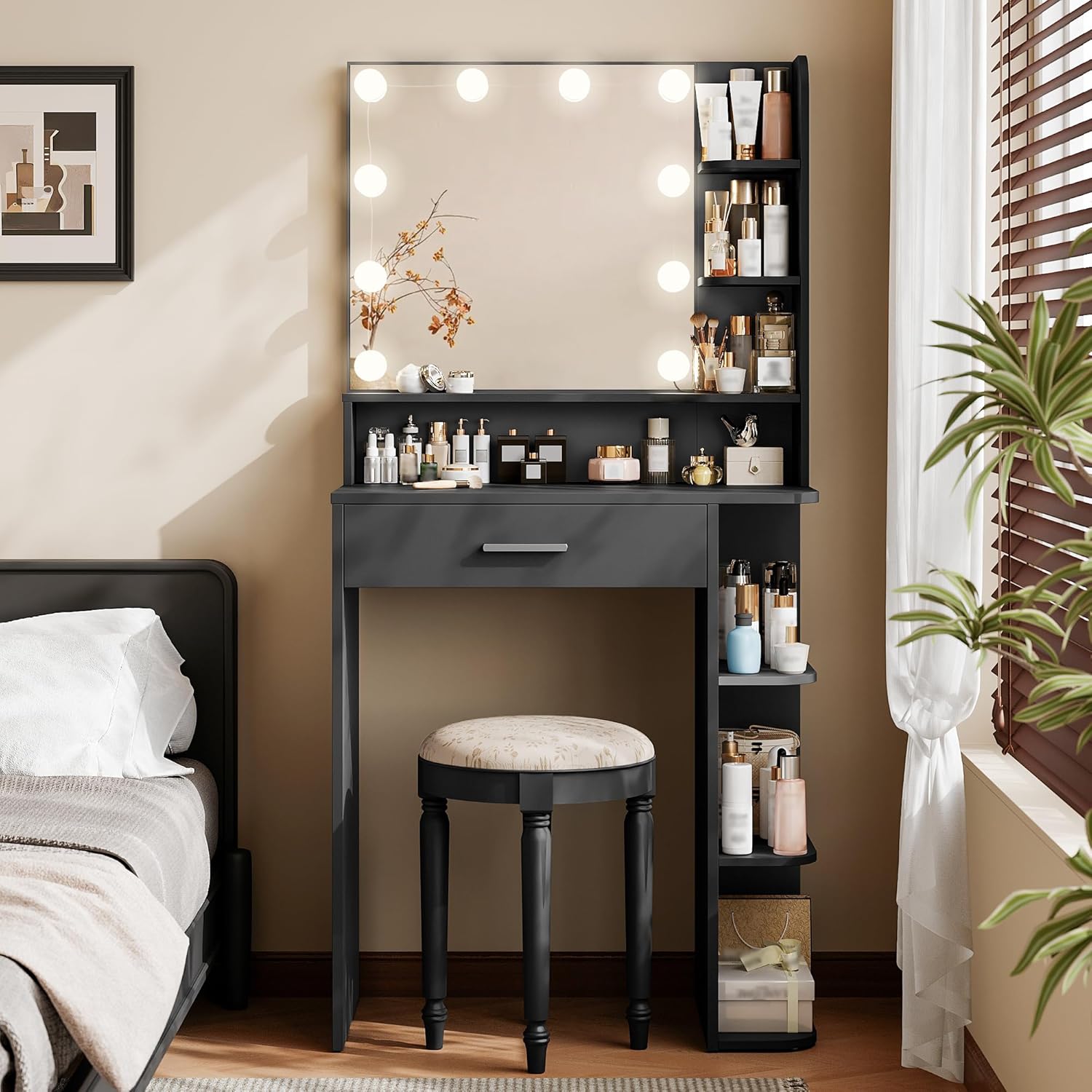 Makeup Vanity Desk with Mirror and Lights, 26.4”Small Vanity Mirror with Lights with Large Drawer and 6 Level Storage, Black Vanity with Large Led Mirror with 3 Color Lighting Modes (Black)