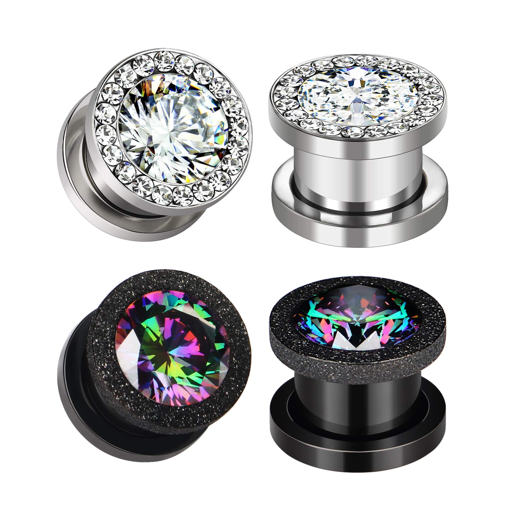 Awinrel 2 Pairs CZ Gems Ear Gauges Plugs Womens Zircon Flesh Tunnels Stainless Steel Stretcher Kits Expander Piercing Jewelry