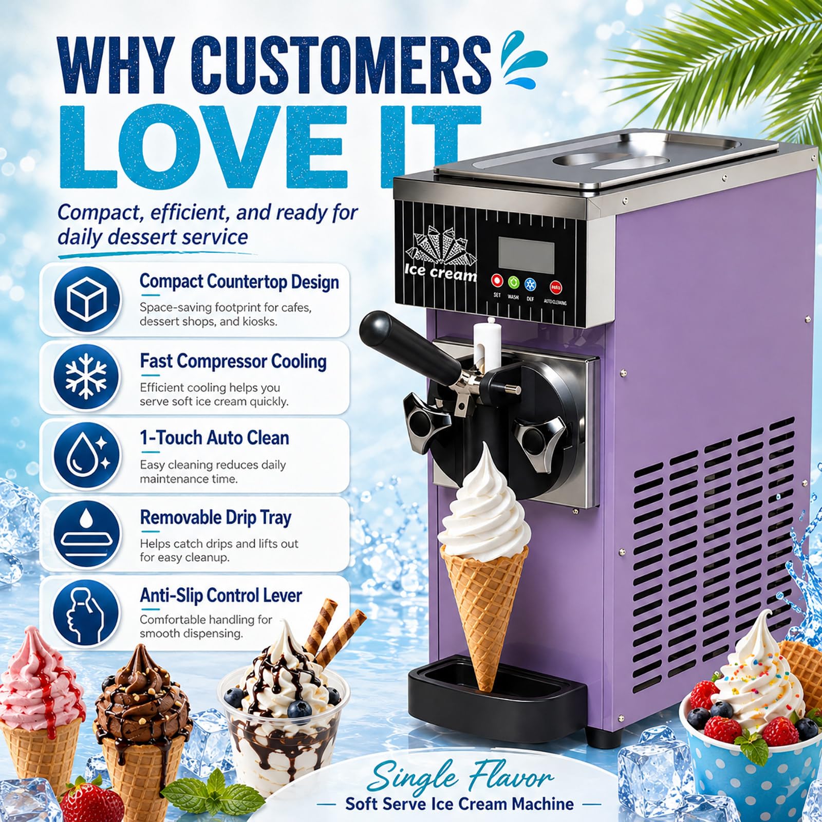 Machine à Glace Italienne de Comptoir - 450 W, Bac 2,5 L, Écran LCD, Nettoyage Auto pour Boutiques Dessert White