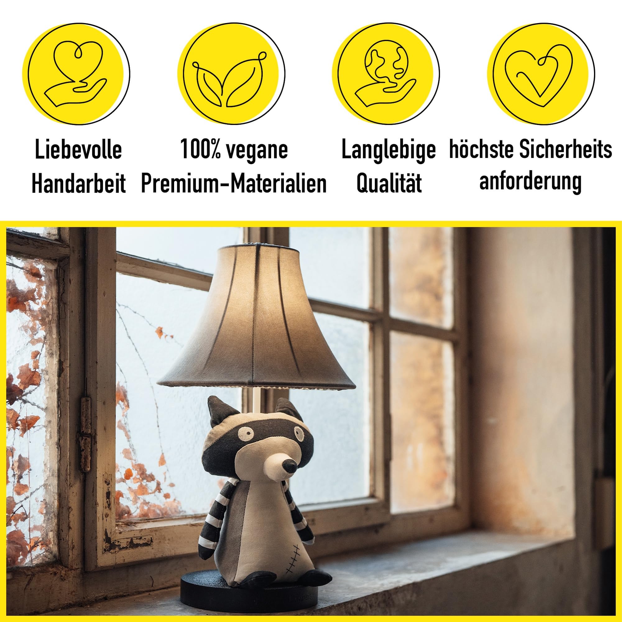 Happy Lamps for smiling eyes Ben Tischleuchte, Waschbärlampe, 47 cm hoch, Dekoleuchte, Handarbeit, super sicher, hochwertige Tischlampe, top Qualität, inkl. LED & Standfuß