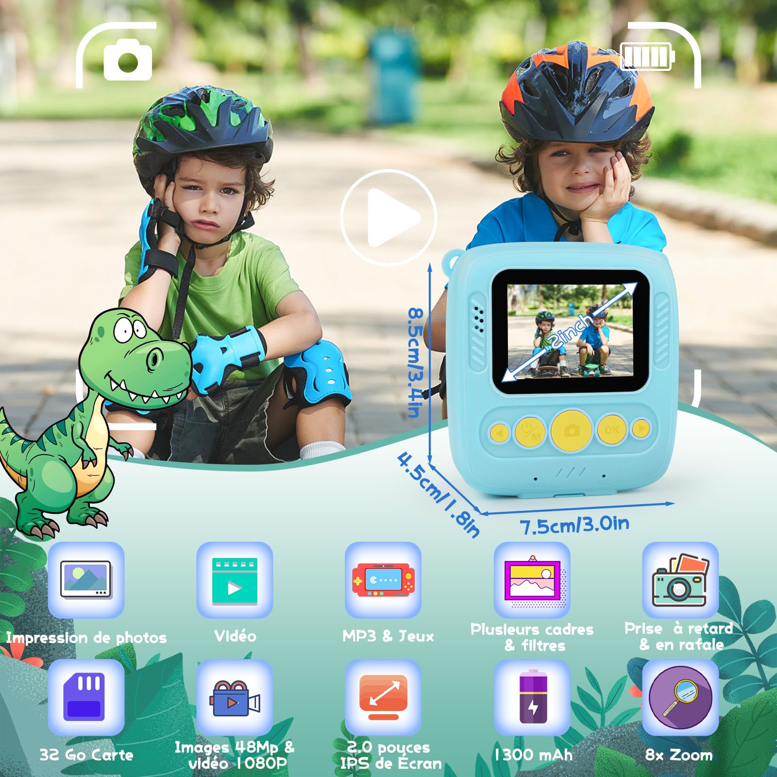 Dhapy Photo Instantané Enfant, 48 MP Appareil Photo Enfant avec Papier d'impression Et Carte TF 32 Go, 1080P Appareil Photo Enfant Instantanée, Cadeau pour Garçons Et Filles De 3 4 5 6 7 8 9 Ans Bleu