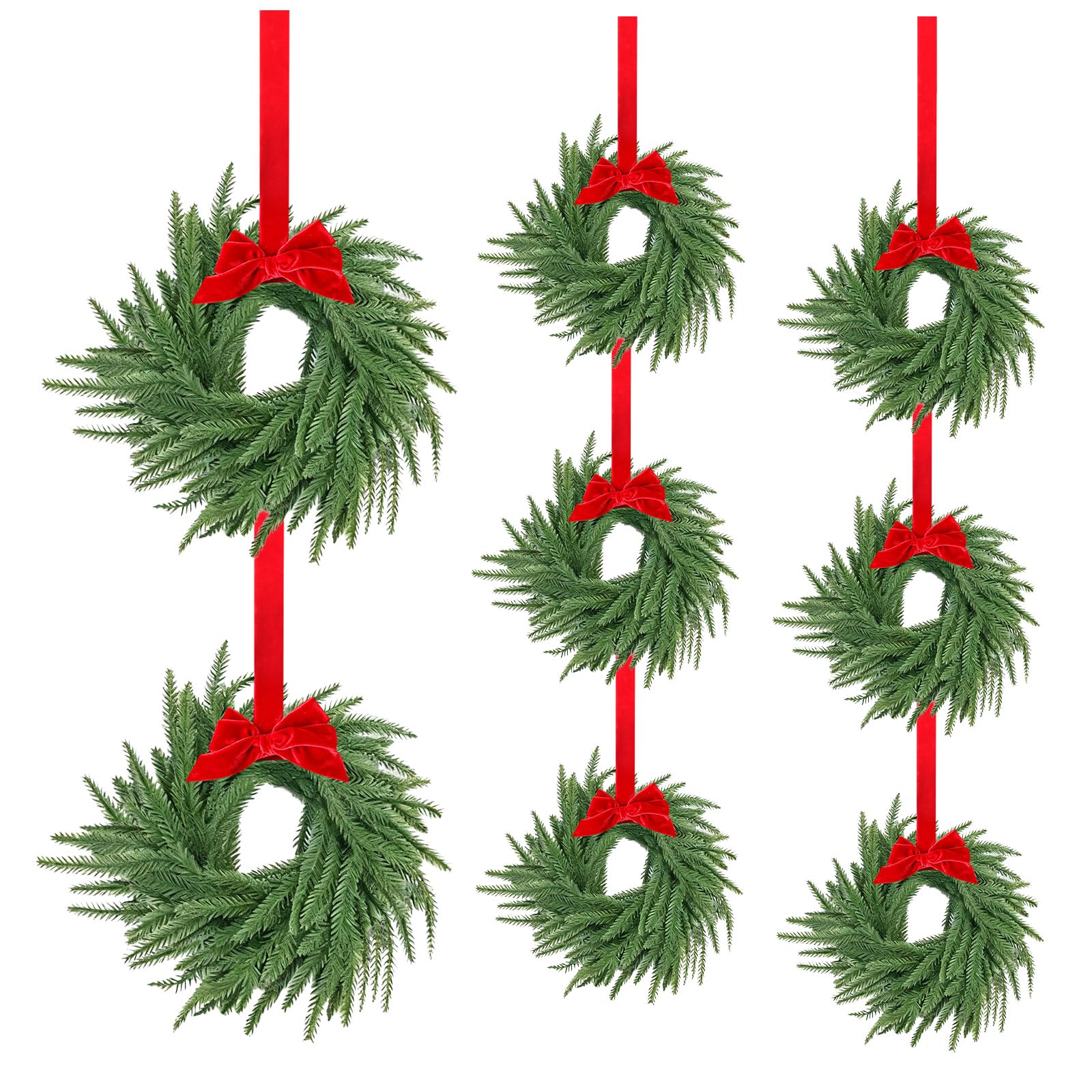 Paquete de 8 coronas pequeñas de Navidad Norfolk de 7.8 pulgadas para armarios de cocina con cinta de lazo de pino de Norfolk de tacto real, decoración colgante para ventana de Navidad, puerta