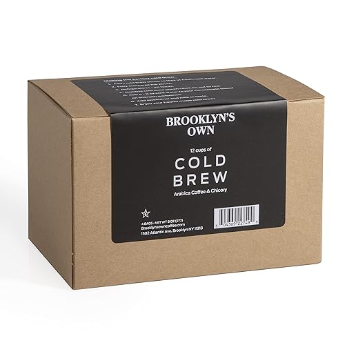 Brooklyn's Own Café arábica frío y achicoria, baja acidez, alto contenido de cafeína, sabor equilibrado, sin regusto amargo, 4 bolsas para 12 tazas