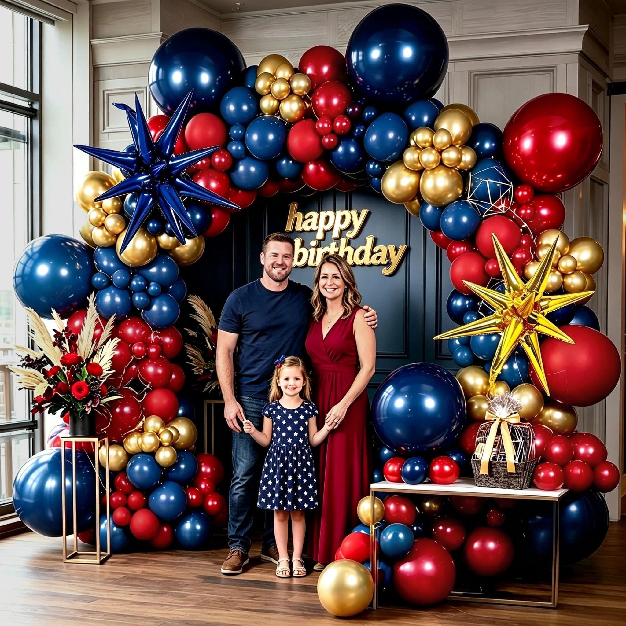 Kit de arco de globos rojo, azul y dorado, doble relleno, rojo oscuro, azul marino, borgoña, dorado, guirnalda de globos de estrella para cumpleaños, graduación, aniversario, boda, decoración