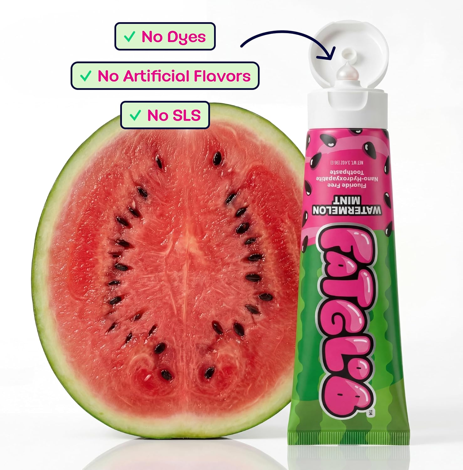 FatGlob 10% Nano-Hydroxyapatite Toothpaste, Watermelon Mint, Fluoride-Free with Xylitol & Aloe, SLS Free, Vegan, Paraben Free, Sensitive Teeth Whitening, Dentist Formulated, Adults & Kids, 3.4 oz