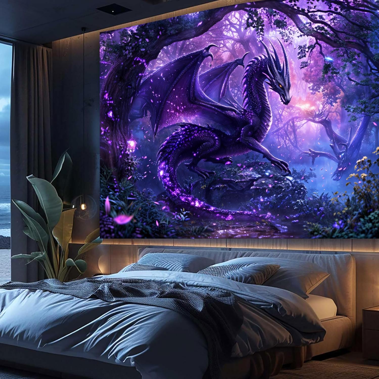 Bcsewcg Trippy Purple Dragon Tapestry, Magic Forest Tapestry for Bedroom Aesthetic, Medieval Fantasy Animals Cool Dragon Tapestry Wall Hanging for Men,Boys, Living Room Dorm Decor multi1 71WX60L