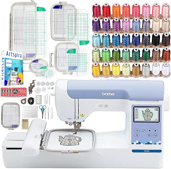 Brother PE900 5 x 7 Embroidery Machine with 5pc Embroidery Hoop Set, Embroidery Threads, Accessories