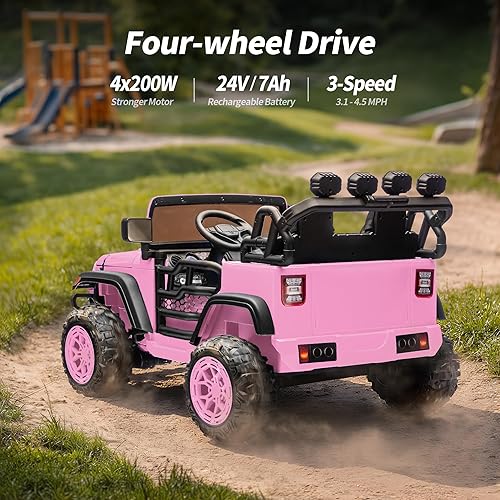 Miniatura 3 de Camión eléctrico de 2 plazas, 24 V, 4 x 4, juguete para niños de 4 a 8 años con control remoto, neumáticos EVA, color rosa claro