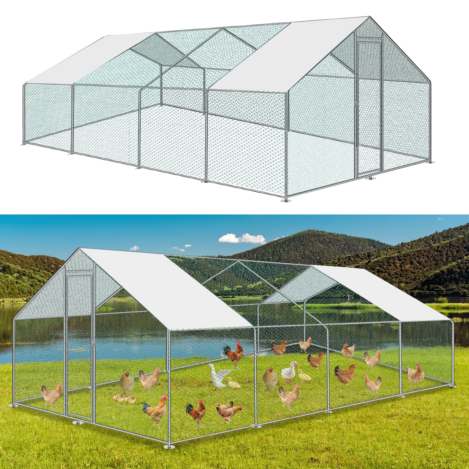 Poulailler 3x8x2 m en métal avec bâche de toit et serrure sécurisée