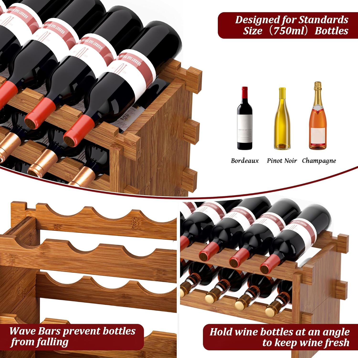 VASMIA Bamboo Stackable Wine Rack,72 Bottles Wine Rack Freestanding Floor,No Tools Assembly,8-Tier Display Wine Storage Shelf for Kitchen, Bar, Dining Room,Cellar,Walnut