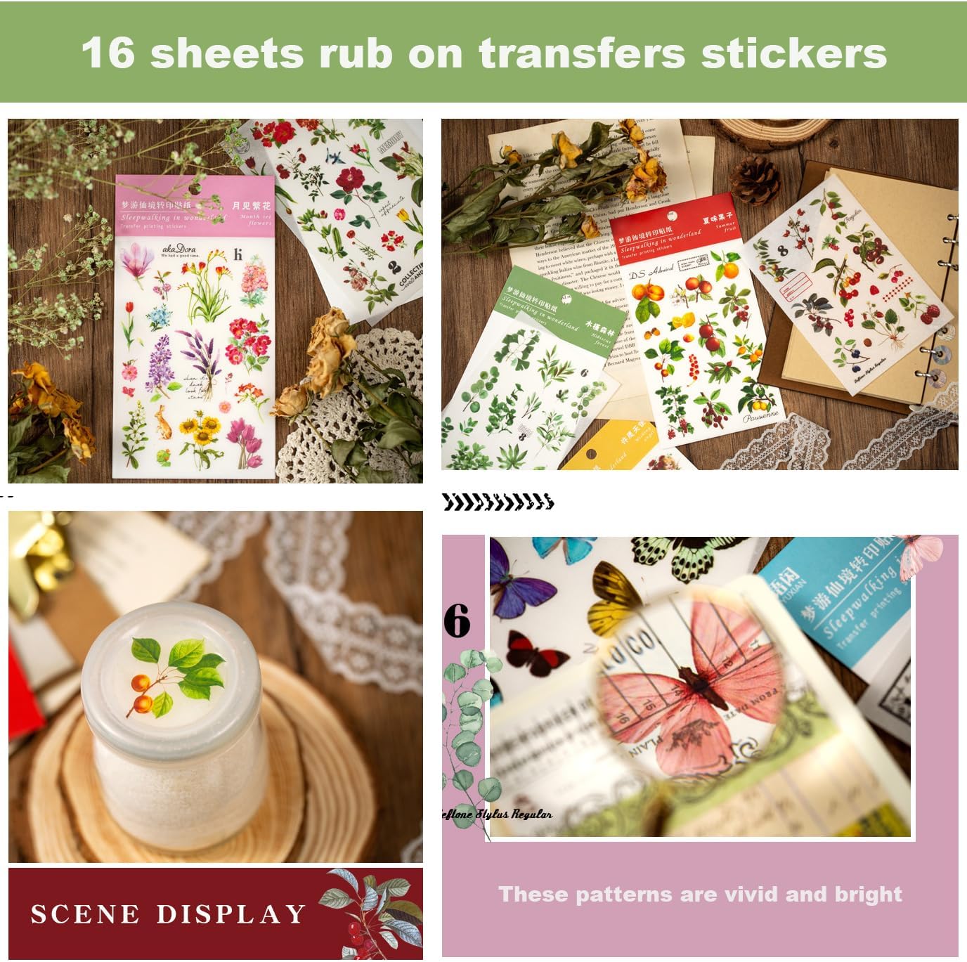 10 Sheets Rub on Transfers for Crafts Vintage Rub On Transfer Stickers Flower Plant Mushroom Butterfly Berry Stickers for Wood Fabric Furniture Decals for Home Office Scrapbooking Journals
