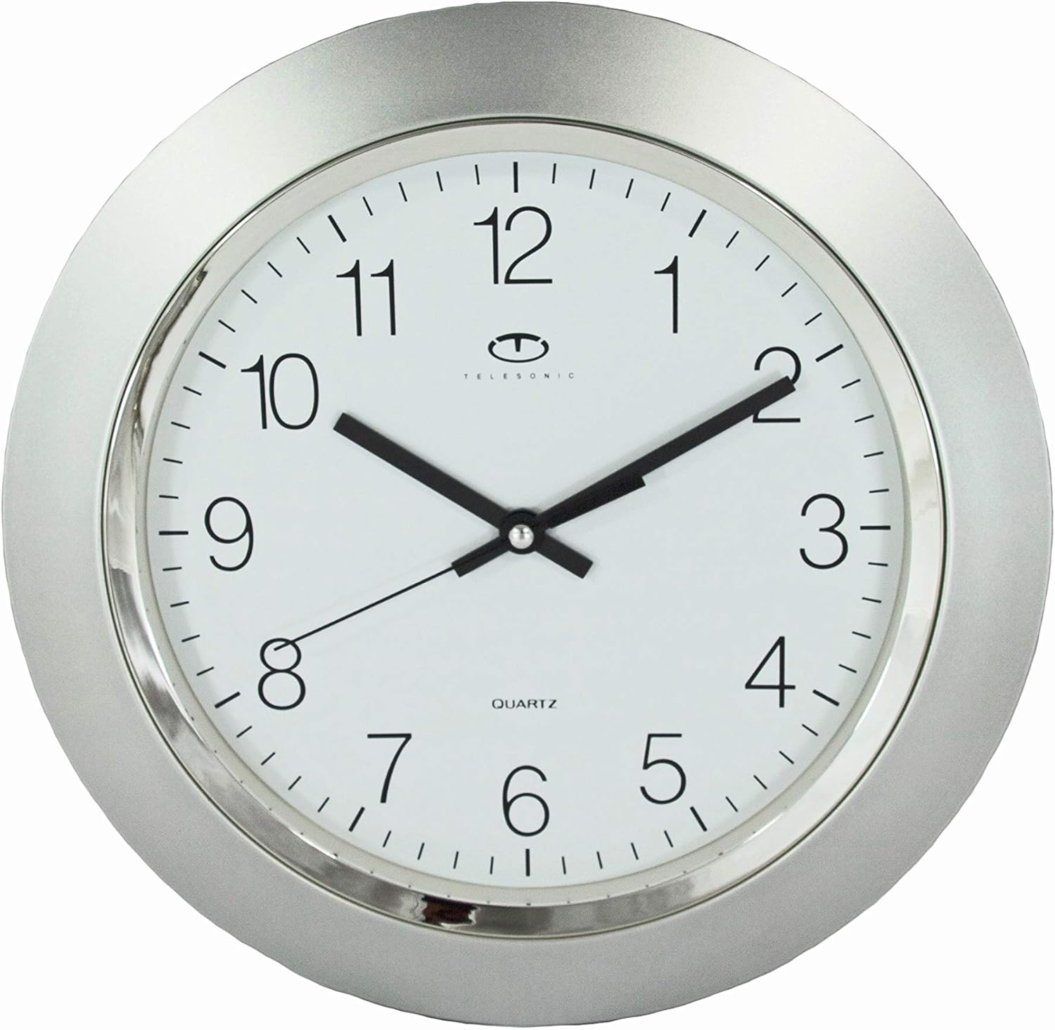 TELESONIC Silver Quartz Wall Clock with Quiet Sweep Second Hand