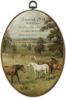 XFCICRLJ Christian Horse Wall Art Decor, Jeremiah 29:11 Bible Verse Oval Canvas Prints Framed, Rustic Religious Scripture Wall Art Decorations for Church Home Bedroom Living Room Decor, 11x8.5 Inch