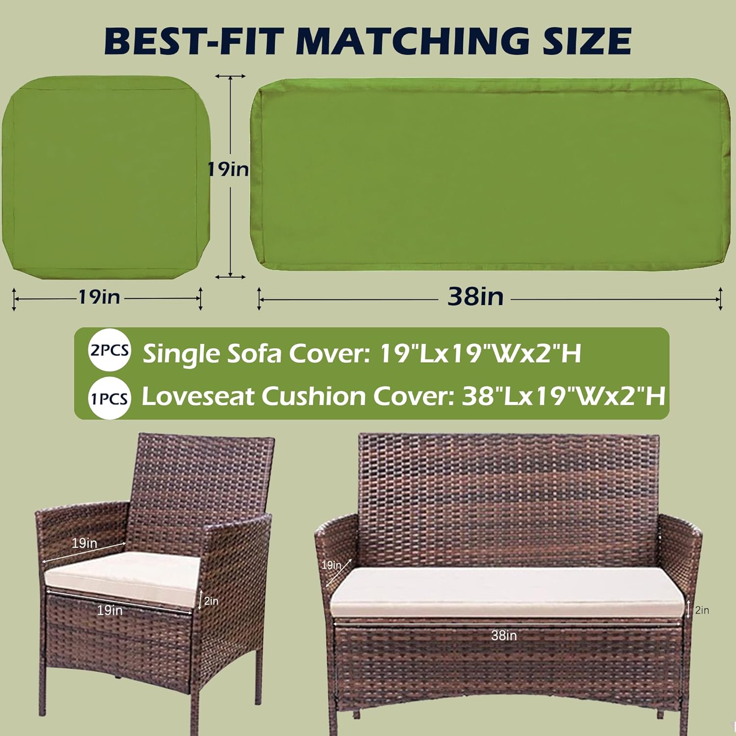 Outdoor Cushion Covers Replacement, 3 Pack Waterproof Patio Seat Cushion Cover Fit for 4-Seater Wicker Rattan Conversation Set Loveseat Chair Couch Furniture, Cover Only, 38x19x2,19x19x2, Green Grass Green 38x19x2,19x19x2