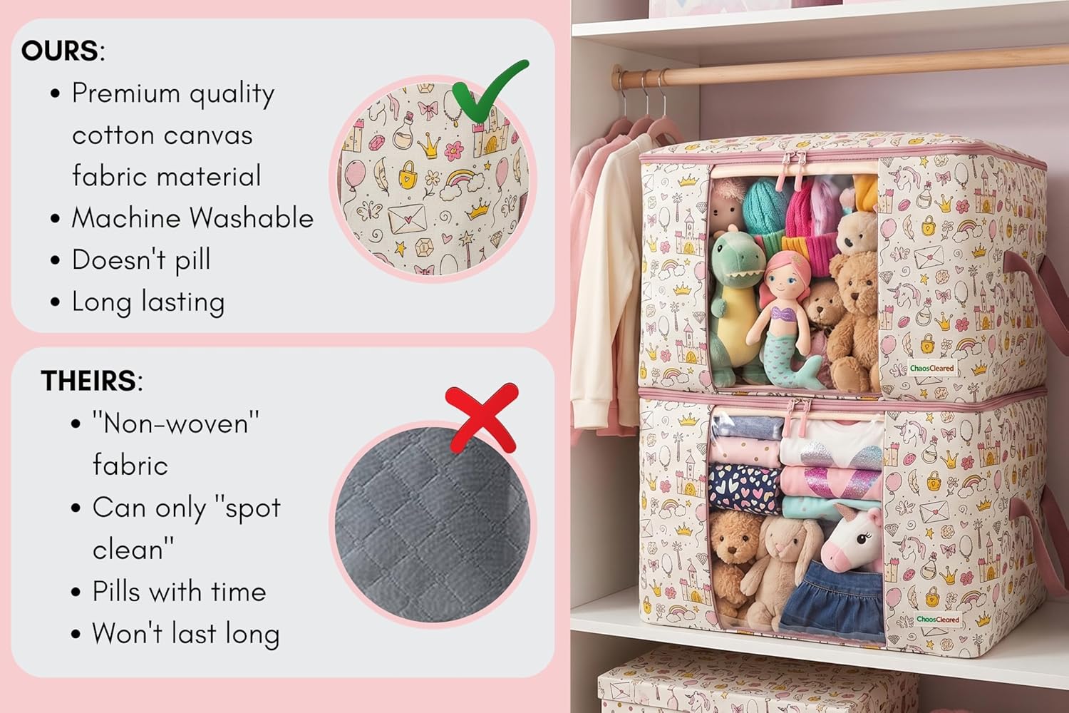 Chaos Cleared Kids Storage Bags – 100% Cotton Canvas Toy & Clothes Organizer with Cute Design – Storage Bin for Stuffed Animals, Baby Items & Clothes with Zipper & Handles (Unicorn Girl Print)
