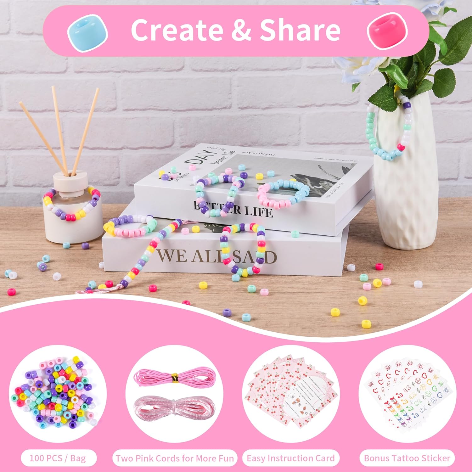 Rujiaoa Pony Bead Kit, 24 Pack Bulk Bracelet Making Kits for Party & Classroom Activities, Pre-Packed Group DIY Set with Beads, Cords, Bags & Instructions