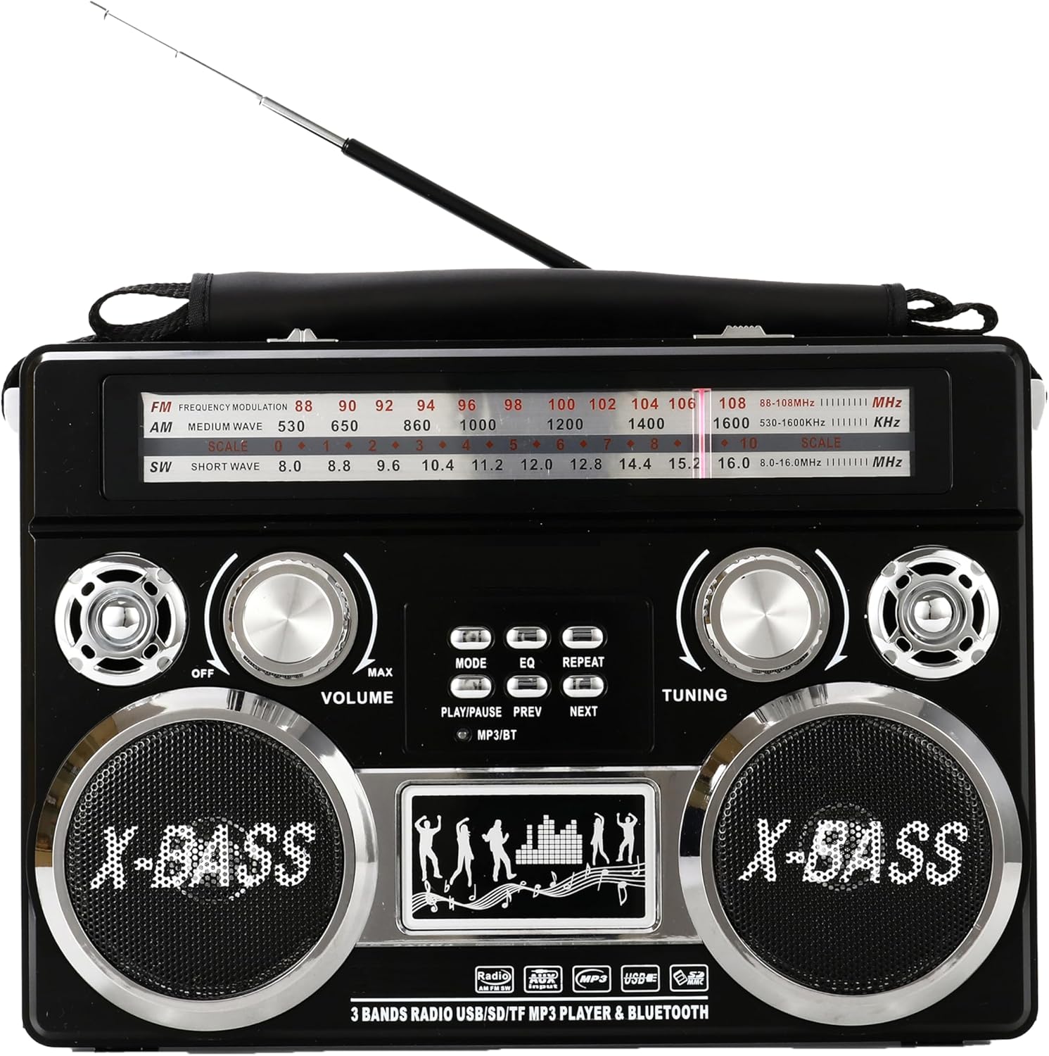 Supersonic SC-1097BT Portable 3 Band Radio with Bluetooth and Flashlight, M/FM/SW Receiver with MP3 Playback, High Sensitivity, Telescopic Antenna and Long-Lasting Battery