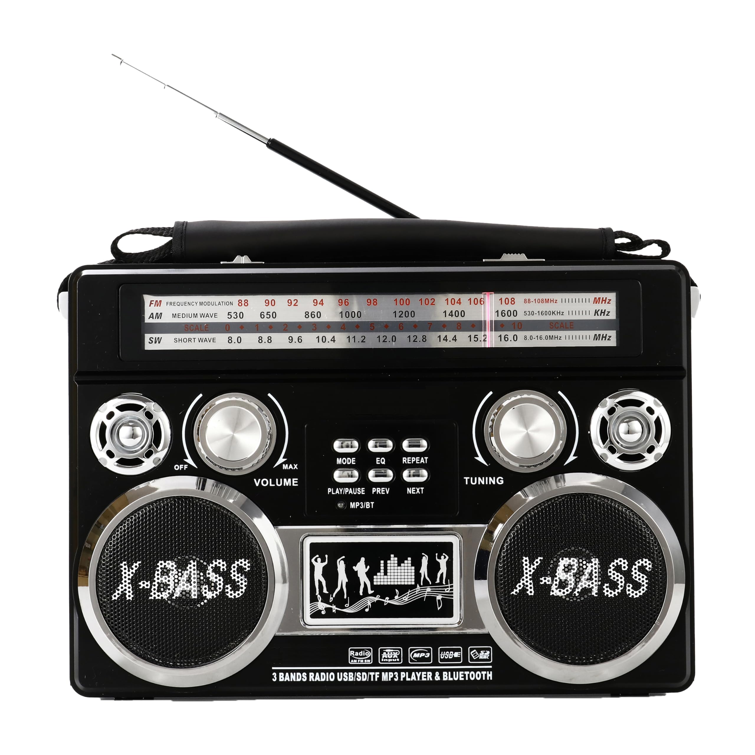 SupersonicSC-1097BT Portable 3 Band Radio with Bluetooth and Flashlight, M/FM/SW Receiver with MP3 Playback, High Sensitivity, Telescopic Antenna and Long-Lasting Battery