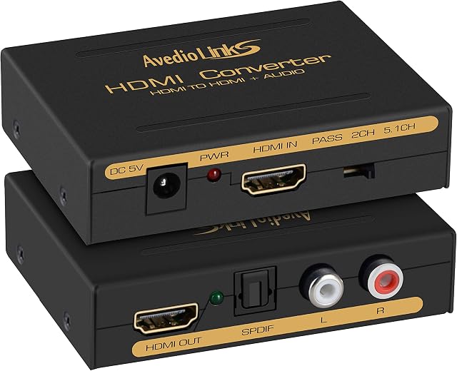 4K@30HZ HDMI Audio Extractor Splitter, avedio links HDMI to HDMI Audio Converter + Optical Toslink SPDIF + RCA L/R Stereo Analog Audio, HDMI Audio Adapter for PS5, Chromecast, Fire Stick,Blu-Ray Player and more